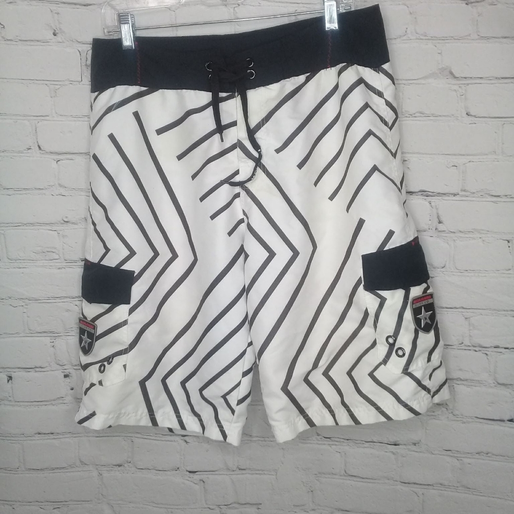 Molokai White Dark Brown Striped Swim Trunk Board Short Leg Pockets Sz 34